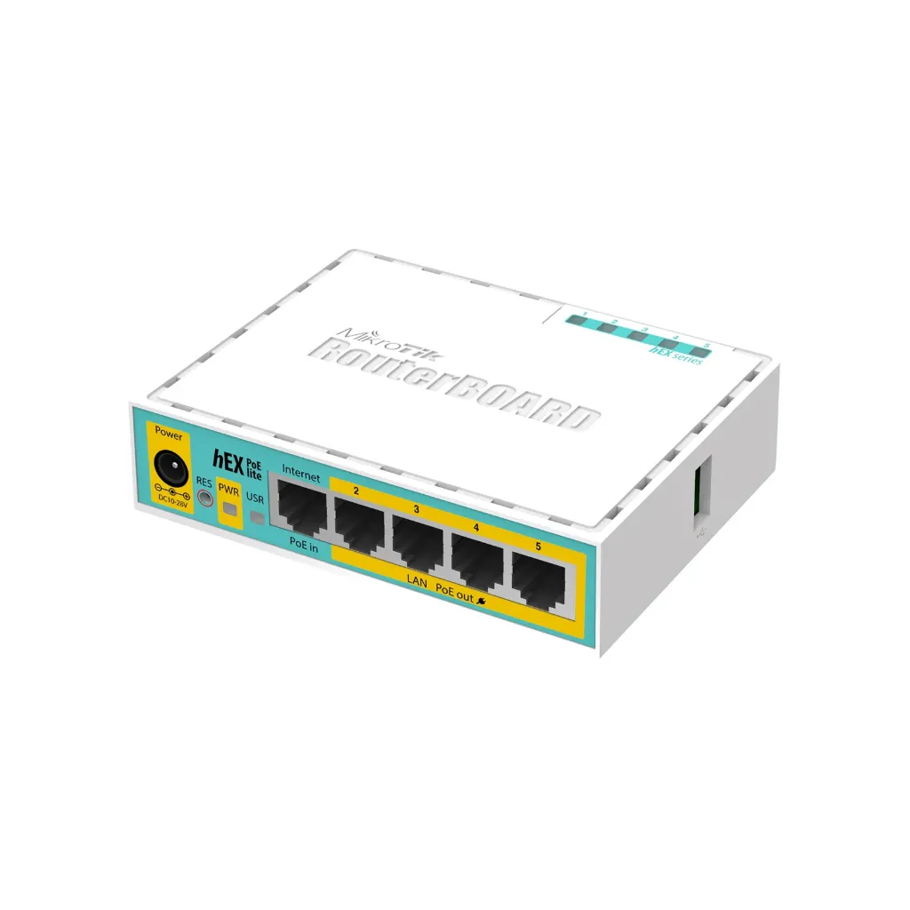 Mikrotik RB750UPr2 hEX PoE lite with 650MHz CPU, 64MB RAM, 5xLAN (four with PoE out), USB, RouterOS L4, plastic case and PSU