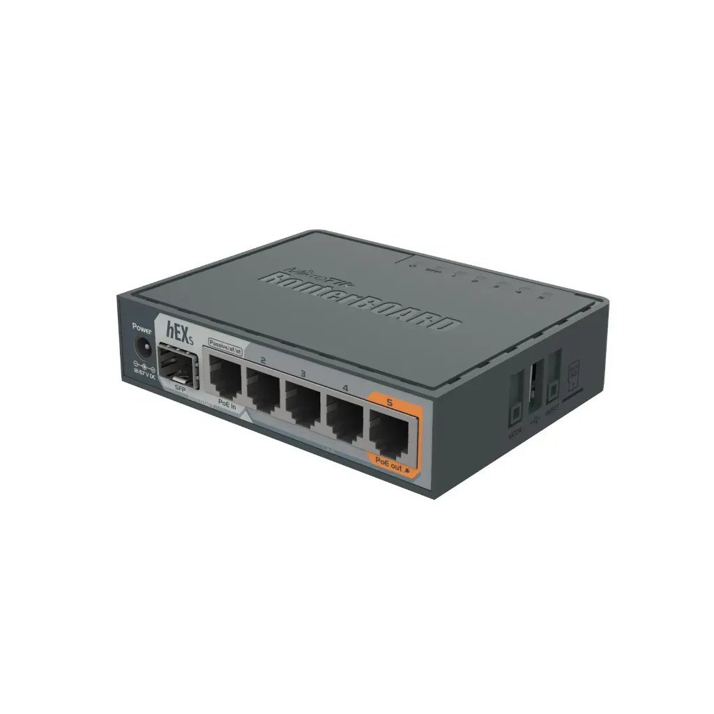 [RB760iGS] Mikrotik RB760iGS hEX S with Dual Core 880MHz MHz CPU, 256MB RAM, 5 Gigabit LAN ports, SFP, USB, PoE-out on port #5, RouterOS L4, plastic case, PSU