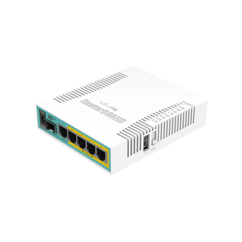 Mikrotik RB960PGS hEX PoE with 800MHz CPU, 128MB RAM, 5x Gigabit LAN (four with PoE out), SFP, USB, RouterOS L4, plastic case and PSU