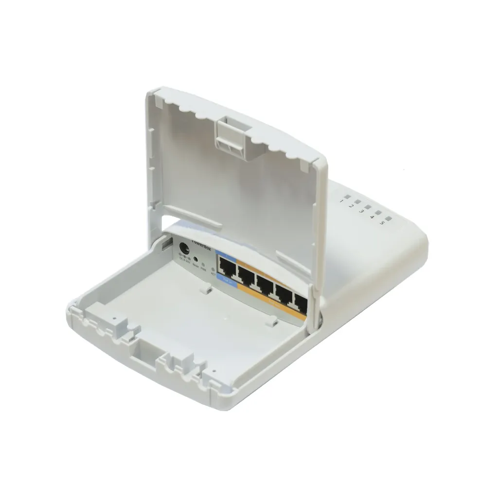 [RB750P-PBr2] Mikrotik RB750P-PBr2 PowerBOX with 650MHz CPU, 64MB RAM, 5xLAN (four with PoE out), RouterOS L4, outdoor case, PSU, PoE, mounting set [EOL]