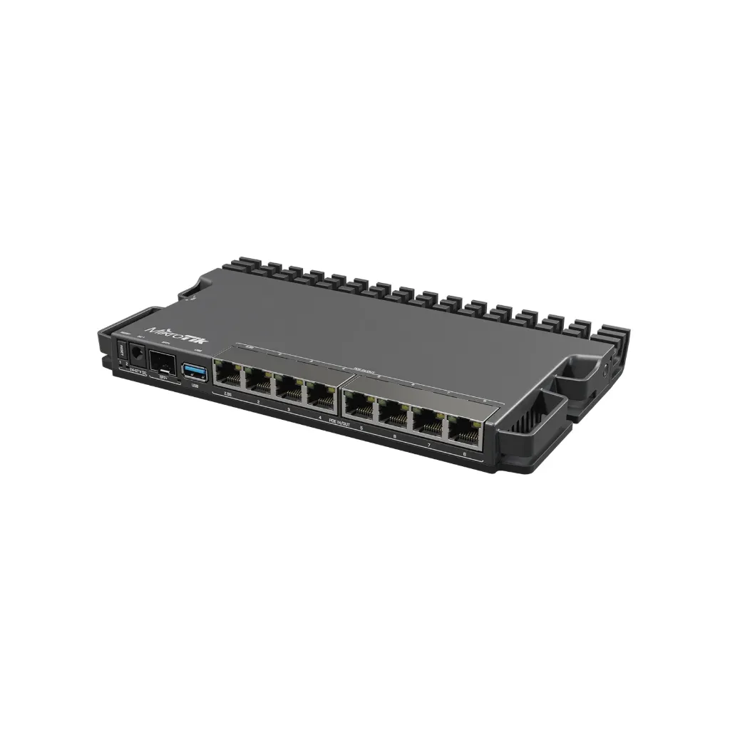 [RB5009UPr+S+IN] Mikrotik RB5009UPr+S+IN RouterBORD 5009UPr+S+ with Marvell Armada ARMv8 CPU (4-cores, 1.4GHz per core), 1GB of DDR4 RAM, 1GB NAND storage, 1x 2.5Gbit LAN (802.3af/at PoE-out and POE-in), 7x 1Gbit LAN (802.3af/at PoE-out and POE-in), 1x SFP+ port, RouterOS L5, metal desktop case, PSU