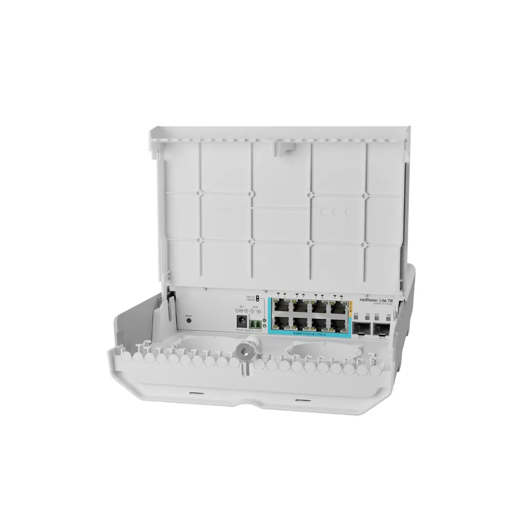 Mikrotik CSS610-1Gi-7R-2S+OUT netPower Lite 7R with 8 x Gigabit Ethernet ports (7 with Reverse POE-in, 1 with PoE-OUT), 2 x SFP+ cages, SwitchOS, outdoor enclosure, mounting kit (power supply NOT included)