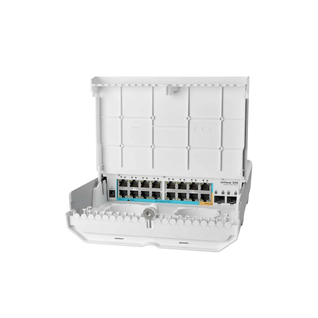 [CRS318-1Fi-15Fr-2S-OUT] Mikrotik CRS318-1Fi-15Fr-2S-OUT netPower 15FR with 800MHz CPU, 256MB RAM, 16 x 10/100Mbps Ethernet ports (15 with Reverse POE-in, 1 with PoE-OUT), 2 x SFP, RouterOS L5 or SwitchOS (dual boot), outdoor enclosure, mounting kit (power supply NOT included)