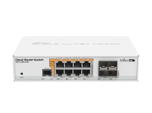 [CRS112-8P-4S-IN] Mikrotik CRS112-8P-4S-IN Cloud Router Switch 112-8P-4S-IN with QCA8511 400Mhz CPU, 128MB RAM, 8xGigabit LAN with PoE+out, 4xSFP, RouterOS L5, desktop case, PSU