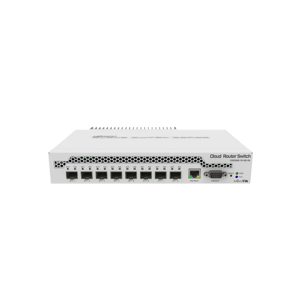 [CRS309-1G-8S+IN] Mikrotik CRS309-1G-8S+IN Cloud Router Switch 309-1G-8S+IN with Dual core 800MHz CPU, 512MB RAM, 1xGigabit LAN, 8xSFP+ cages, RouterOS L5 or SwitchOS (dual boot), passive desktop case, rackmount ears, PSU