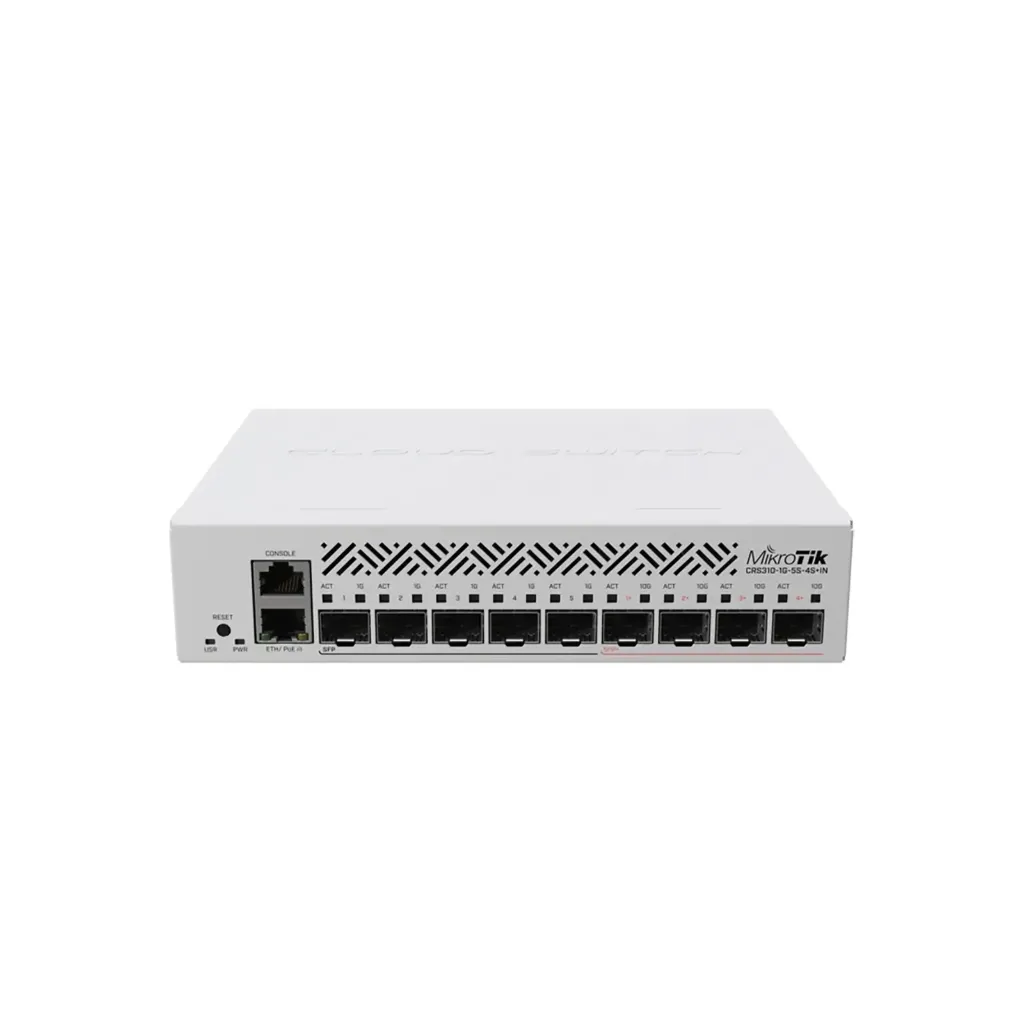 [CRS310-1G-5S-4S+IN] Mikrotik CRS310-1G-5S-4S+IN Cloud Router Switch CRS310-1G-5S-4S+IN with 800 MHz CPU, 256 MB RAM, 4xSFP+, 5xSFP cages, 1xGBit LAN port, RouterOS L5, desktop case, rackmount ears, PSU