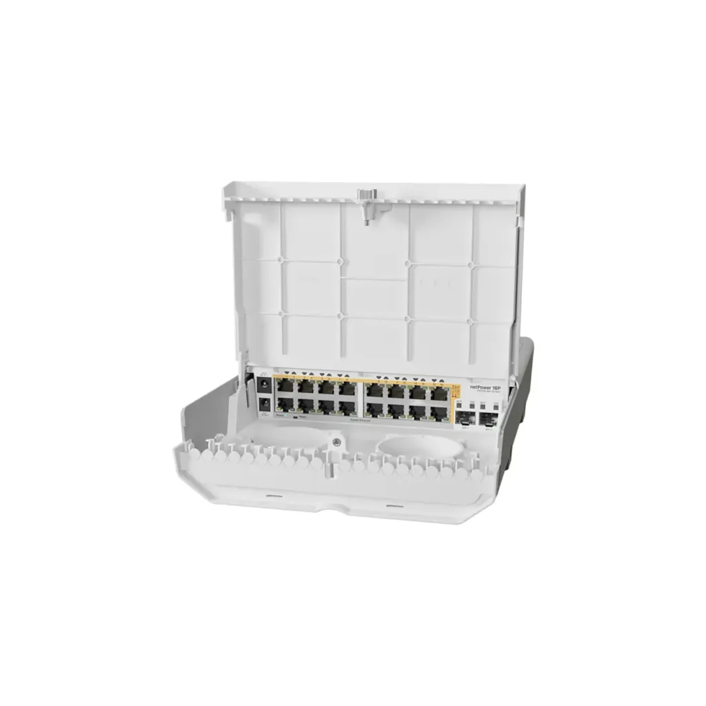 [CRS318-16P-2S+OUT] Mikrotik CRS318-16P-2S+OUT netPower 16P with 800MHz CPU, 256MB RAM, 16x Gigabit LAN with PoE-out, 2xSFP+ cages, RouterOS L5 or SwitchOS (dual boot), outdoor enclosure, mounting kit (power supply NOT included)