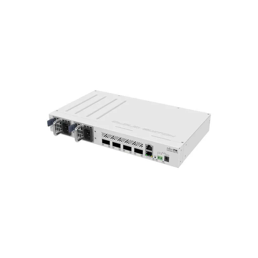 [CRS504-4XQ-IN] Mikrotik CRS504-4XQ-IN Cloud Router Switch 504-4XQ-IN with QCA9531 650 MHz CPU, 16 x 25G port 98DX4310 switch chip, 64 MB RAM, 4 x 100G QSFP28 ports, 1 x 100Mbit Eth port for management, RouterOS L5, desktop case, rackmount ears, dual hot-swap PSU