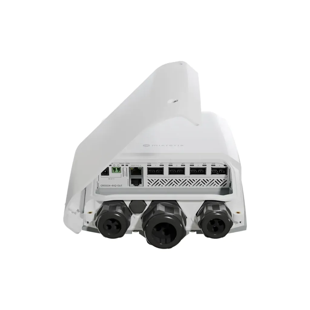 [CRS504-4XQ-OUT] Mikrotik CRS504-4XQ-OUT Cloud Router Switch 504-4XQ-OUT with QCA9531 650 MHz CPU, 128 MB RAM, 16 x 25G port 98DX4310 switch chip, 4 x 100G QSFP28 ports, 1 x 100Mbit Eth port for management, RouterOS L5, IP66 compliant outdoor enclosure, PoE injector, PSU, pole mount