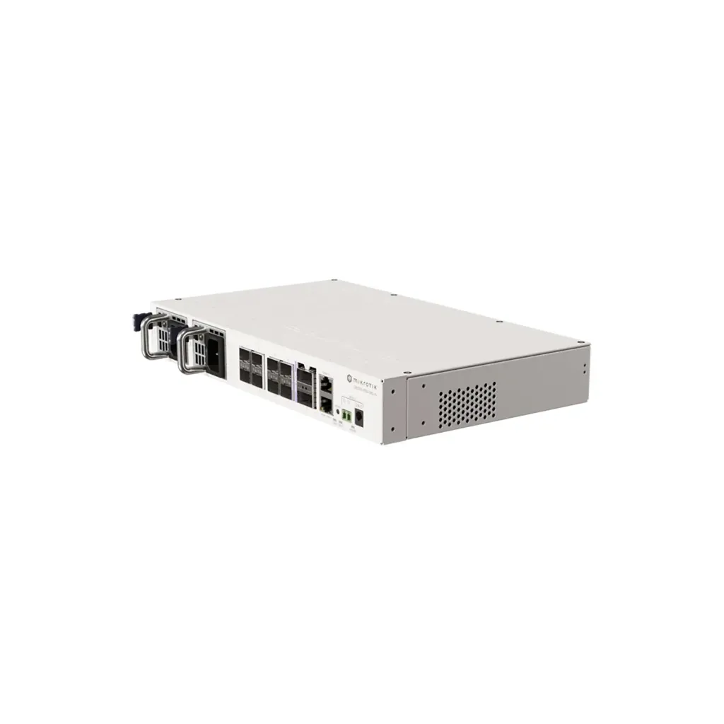 [CRS510-8XS-2XQ-IN] Mikrotik CRS510-8XS-2XQ-IN Cloud Router Switch 510-8XS-2XQ-IN with QCA9531 650 MHz CPU, 128 MB RAM, 98DX4310 switch chip, 2 x 100G QSFP28 ports, 8 x 25G SFP28 ports, 1 x 100Mbit Eth port for management, RouterOS L5, desktop enclosure, dual hot-swap PSU