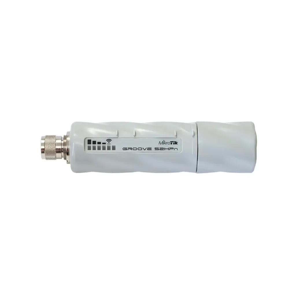 Mikrotik RBGroove52HPn Groove 52 with N-male connector, High Gain Single Chain 2.4GHz / 5GHz 802.11abgn wireless, 600MHz CPU, 64MB RAM, 1x LAN, mounting loops, POE, PSU, plastic case, RouterOS L3