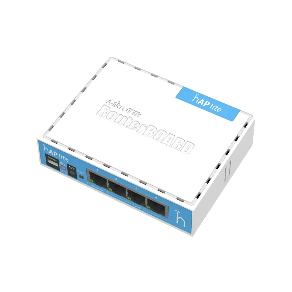 Mikrotik RB941-2nD hAP lite with 650MHz CPU, 32MB RAM, 4xLAN, built-in 2.4Ghz 802.11b/g/n 2x2 two chain wireless with integrated antennas, RouterOS L4, desktop case, PSU