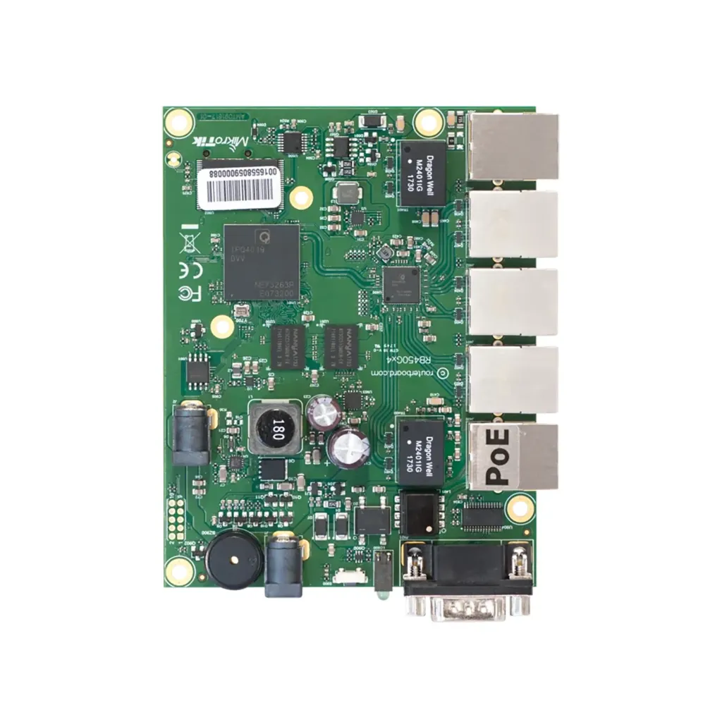 [RB450Gx4] Mikrotik RB450Gx4 RouterBOARD 450Gx4 with four core 716MHz Atheros CPU, 1 GB RAM, 5 Gigabit LAN ports, PoE OUT on port #5, RouterOS L5