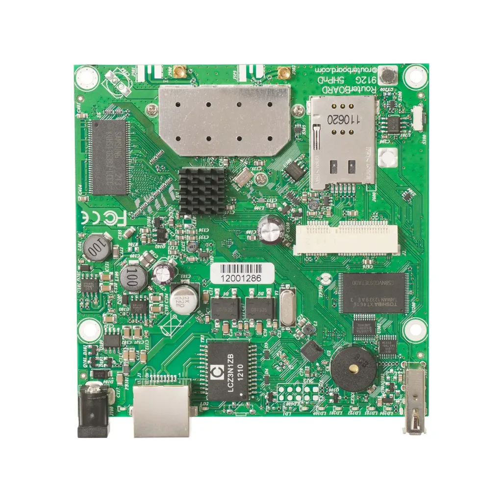 Mikrotik RB912UAG-5HPnD RouterBOARD 912UAG with 600Mhz Atheros CPU, 64MB RAM, 1xGigabit LAN, USB, miniPCIe, built-in 5Ghz 802.11a/n 2x2 two chain wireless, 2xMMCX connectors, RouterOS L4