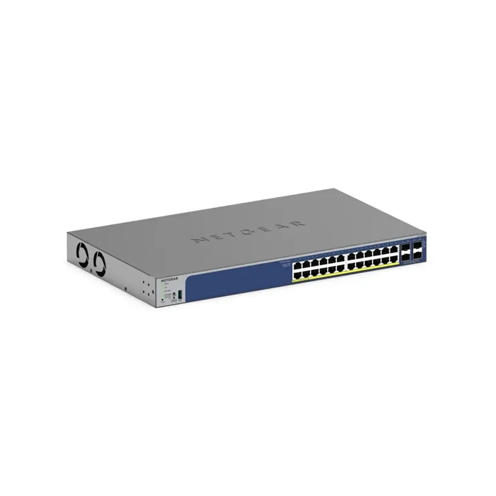 Netgear GS728TXP-300EUS   24PT GE POE+ (195W) + 2x10G Copper and 2x10G SFP+ Ports, Smart Switch w/optional Remote/Cloud Management
